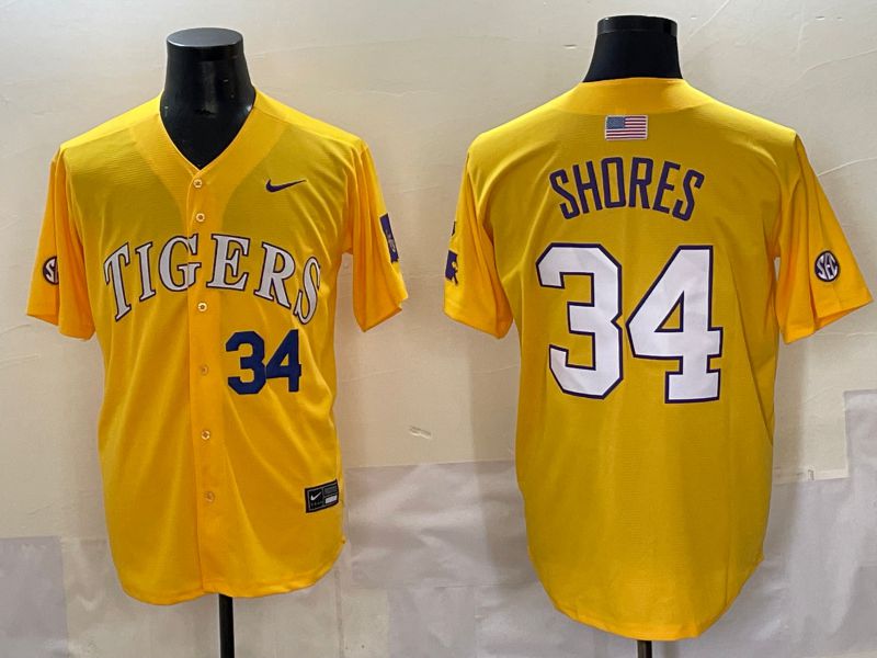 Men 2025 LSU Tigers #34 Shores Yellow Nike Joint Name Nike NCAA Jersey style 4->ncaa teams->NCAA Jersey